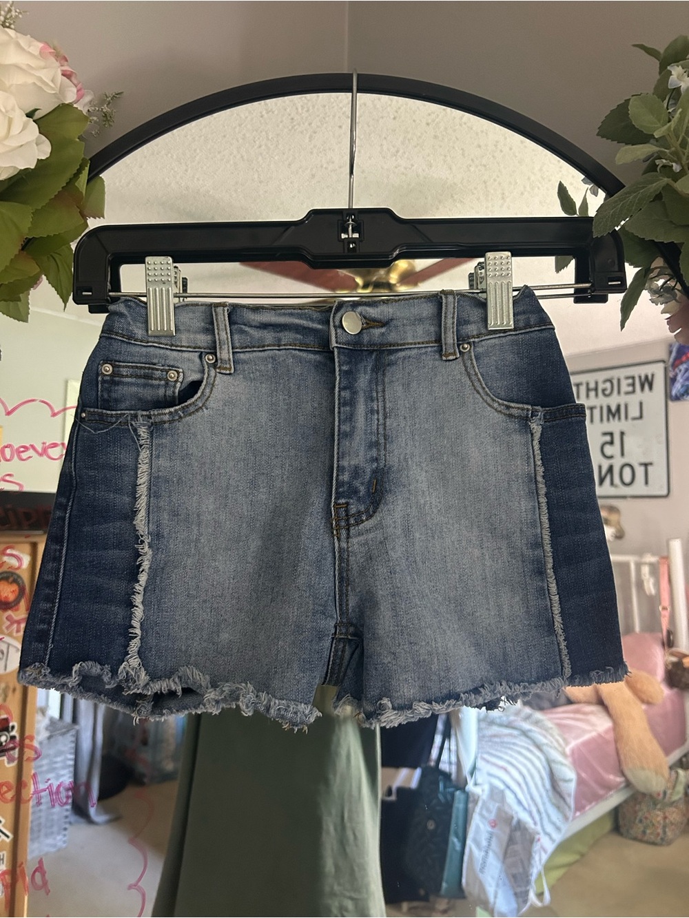 Hayden Girls Two-Tone Distressed Denim Shorts - Light & Dark Blue